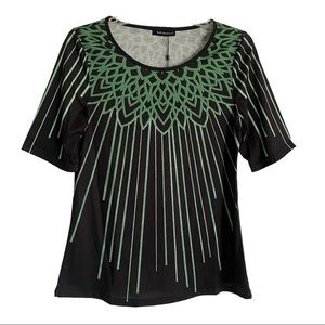 JFN Business-Casual Scoop-Neck Statement Blouse with Glowstick Green Stripes NWT